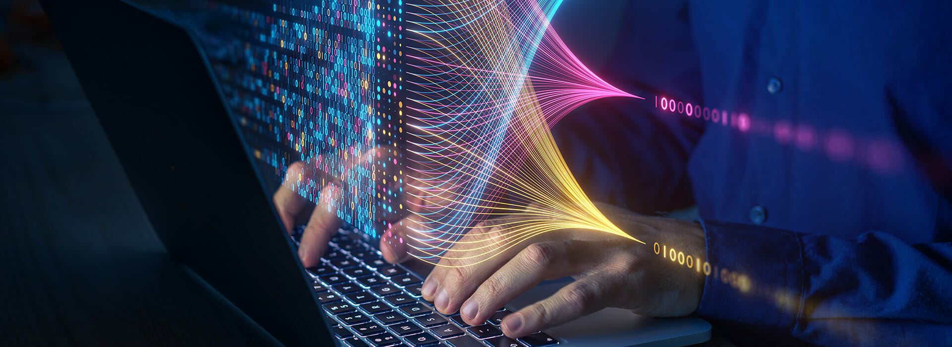 Someone typing in a stylized, technological environment.